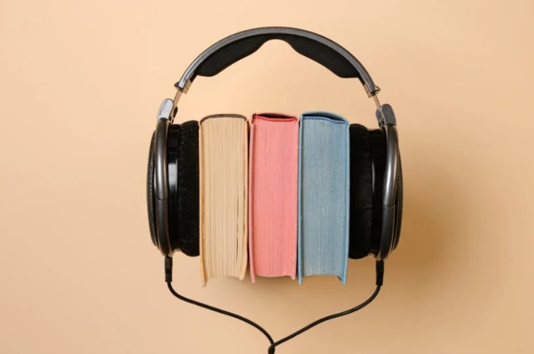 Books with headphones.