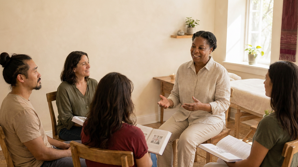 LaGina Glass leading a small-group Reiki certification class at Prana Blessings in Santa Fe